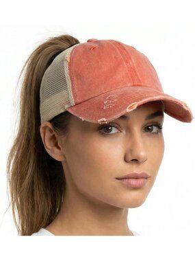 〽️Women Light Orange High Ponytail Baseball Cap Trucker Bad Hair Day Adjustable